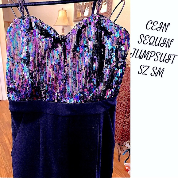 SEQUIN TOP JUMPSUIT SZ SM SILKY WITH SPAGHETTI STRAPS ZIP UP BACK Good Stretch - Picture 2 of 12